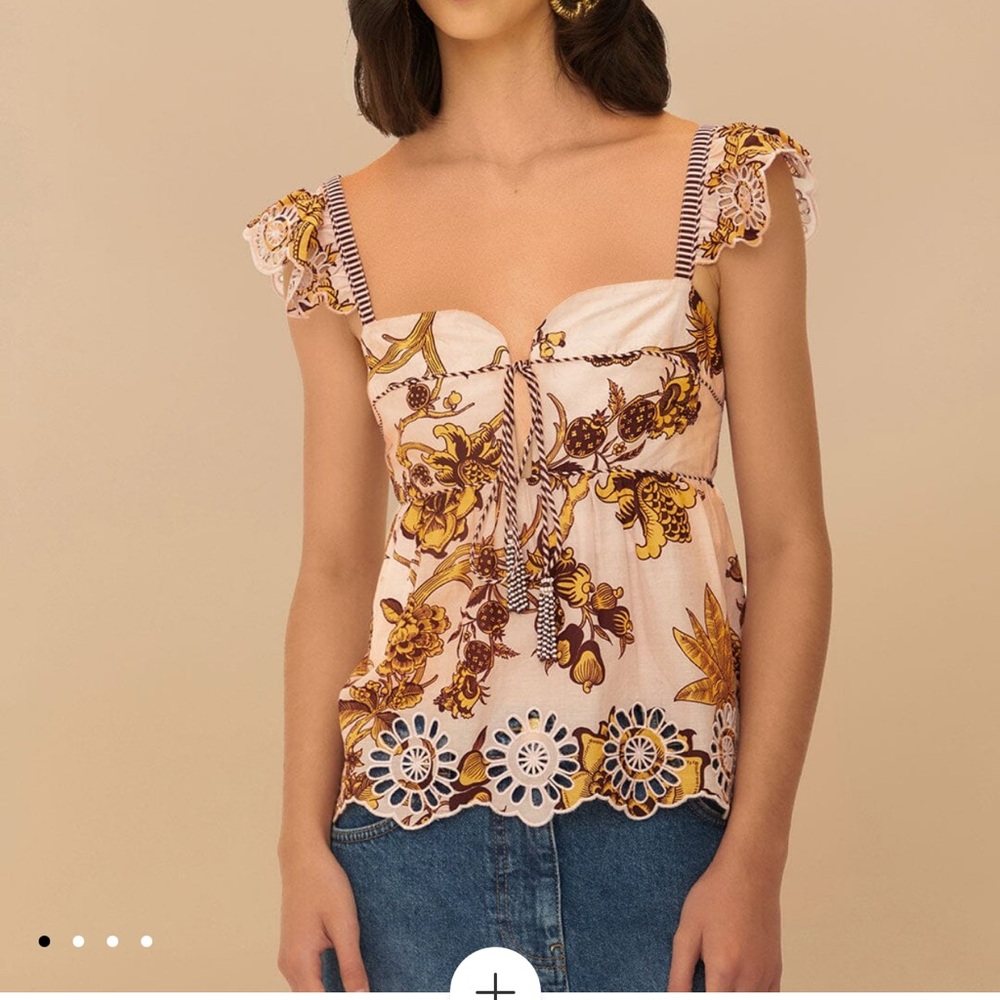 NWT FARM Rio Floral Embroidered, Scallop Trim Top - Size M Pink/Brown